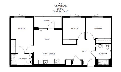 Floor plan for 3 beds, 2 baths, 1150 sqft